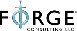 Forge Consulting LLC the the O in silver with a sword and the rest of the text black all caps.