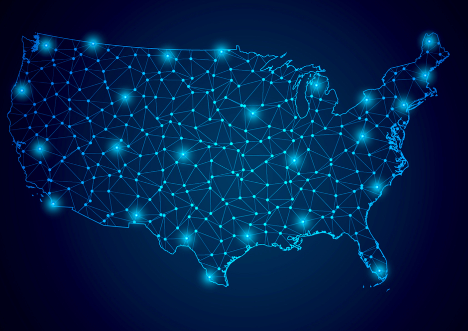 Blue outline of the map of United States with lights on cities