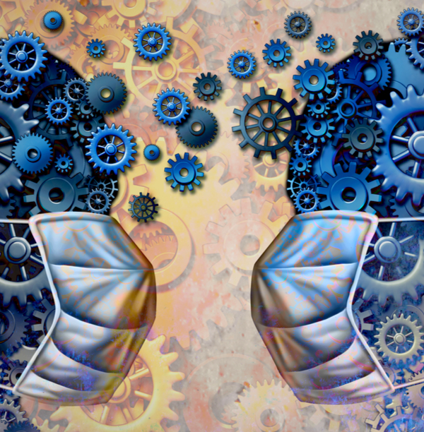 Masked silhouettes made of gears facing each other.