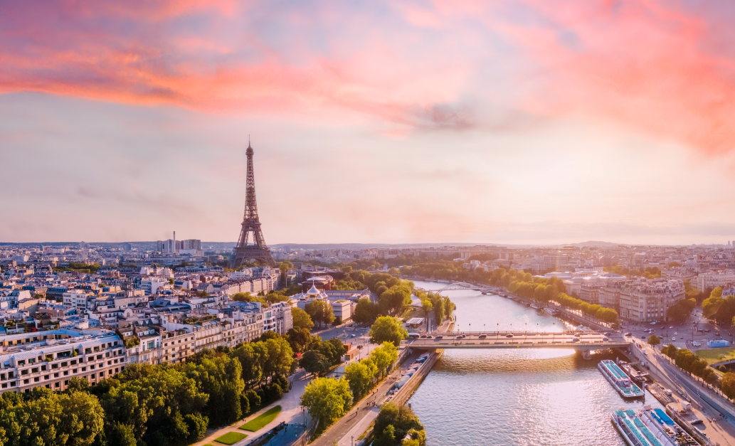 The skyline of Paris, France at sunset