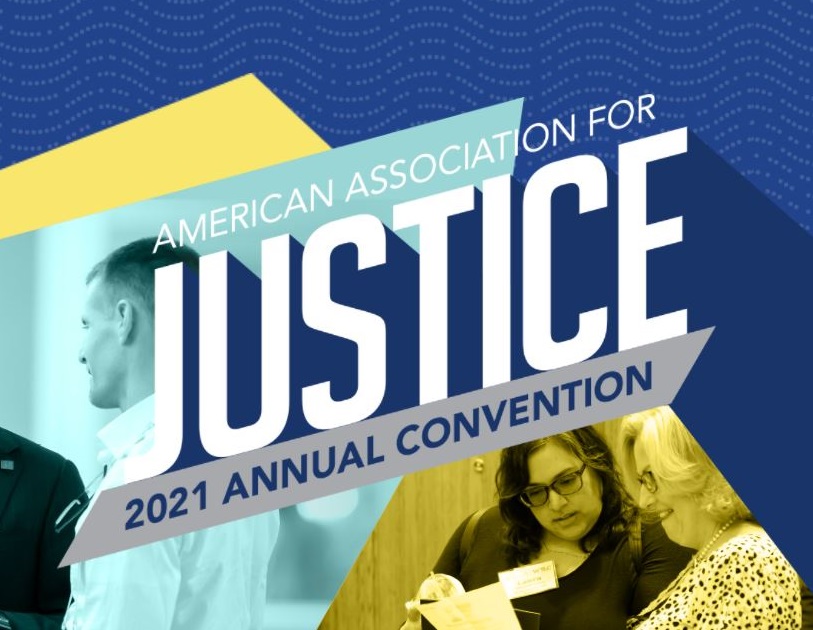 American Association for Justice 2021 Annual Convention on blue and yellow background.