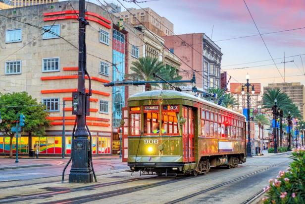 A streetcar in downtown New Orleans