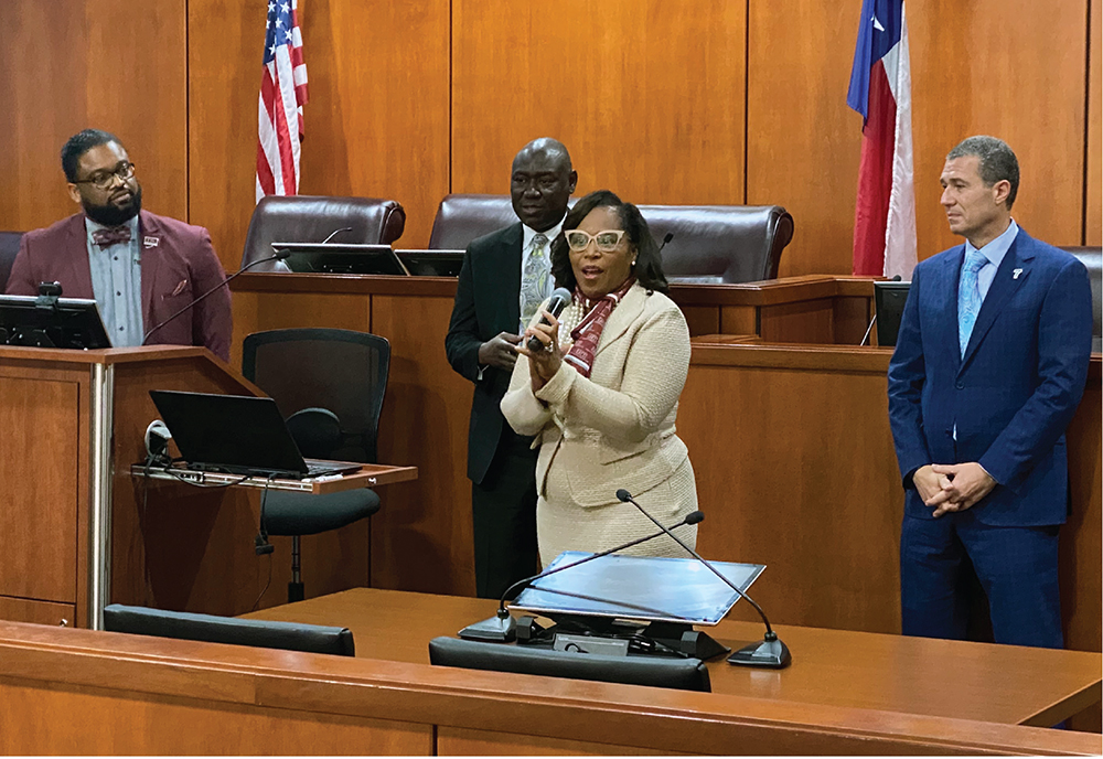 Several speakers at AAJ Education’s 2021 Civil Rights Litigation program held at Thurgood Marshall School of Law in Houston. Pictured (L-R): Larry Taylor, Benjamin Crump, Texas Southern University President Dr. Lesia L. Crumpton-Young, & Tony Romanucci.