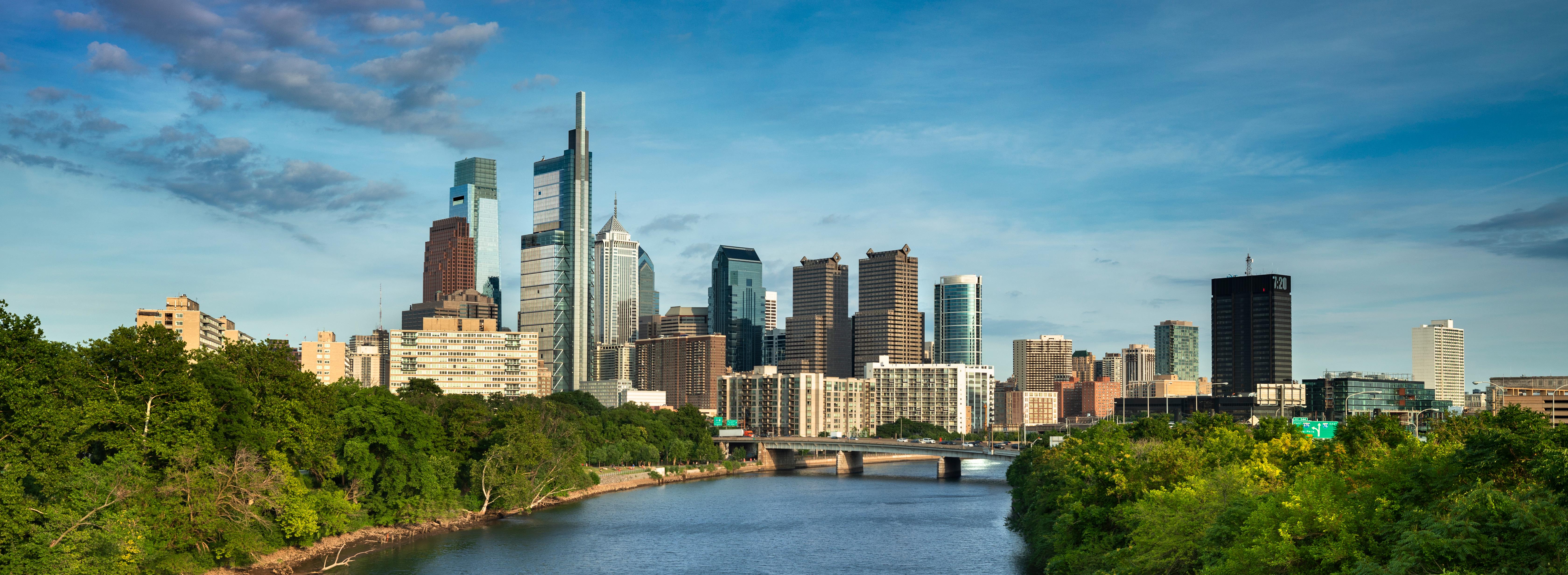 Philadelphia panorama cityscape downtown urban core skyscrapers over the Schuylkill River in Pennsylvania USA