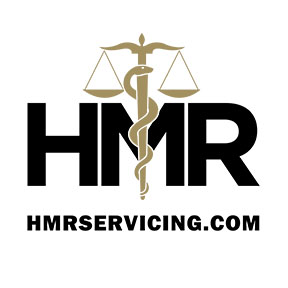 The letters "HMR" in large black letters with a caduceus symbol and scales in the middle. Below it reads "HMRSERVICING.com"