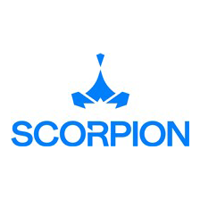 Blue scorpion outline above text Scorpion