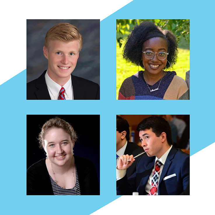 Four square headshots of the members of the winning student trial team arranged in a grid over a teal angled stripe.